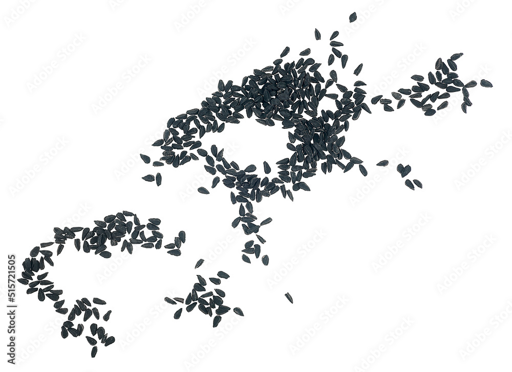 Pile of black cumin seeds isolated on a white background, top view. Pile of black cumin seeds isolated on a white background, top view.