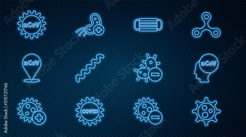 Set line Virus, Corona virus 2019-nCoV, Medical protective mask, location, Negative and Positive icon. Vector