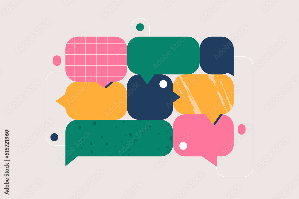Speech bubbles, communication concept. Colorful geometric shapes. Conversation, rhetoric, discussion symbols. Art of oratory, public speaking. Isolated abstract flat vector illustration - obrazy, fototapety, plakaty 