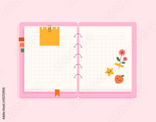 Open diary, blank notebook. Cute pink notepad with stickers, notes, flowers. Top view of a diary on the desk. Workbook for school, planner, personal organizer. Isolated flat vector illustration