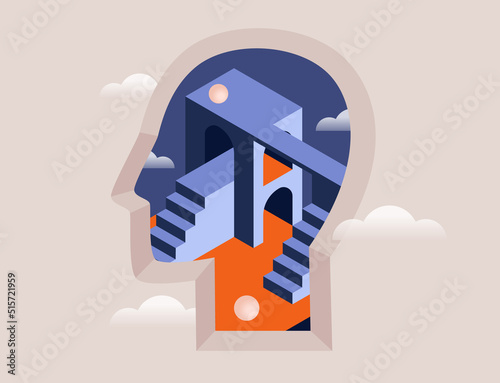 Philosophy, psychology, mental health concept. Surreal head with abstract geometric architectural shapes. Metaphor for open mind, creative thinking, dream. Isolated vector illustration