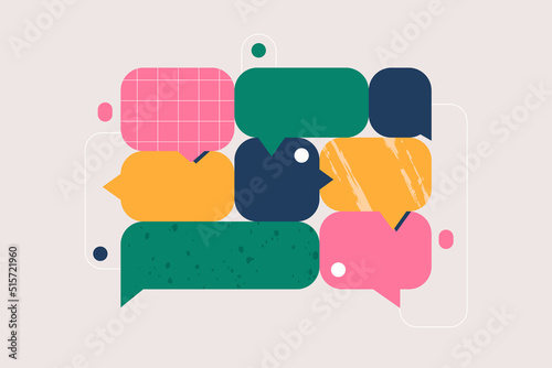 Speech bubbles, communication concept. Colorful geometric shapes. Conversation, rhetoric, discussion symbols. Art of oratory, public speaking. Isolated abstract flat vector illustration