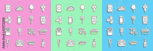 Set line Bottle of water, Chicken nuggets in box, Coffee cup to go, Cotton candy, Thermos container, Soda with straw and Lollipop icon. Vector