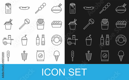 Set line Ice cream in waffle cone, Donut, Chicken nuggets box, Meatballs wooden stick, Lollipop, Asian noodles and chopsticks, Doner kebab and Potatoes french fries icon. Vector