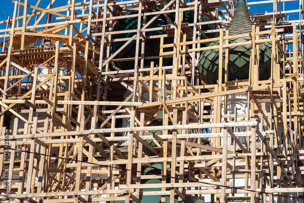 Wooden scaffolding on the reconstruction of the temple.