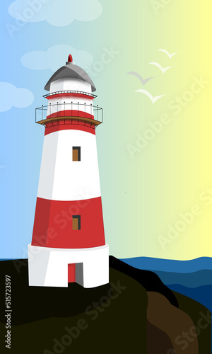 Lighthouse on the seashore  seascape.