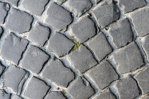 Old road made of paving stones. Selective focus