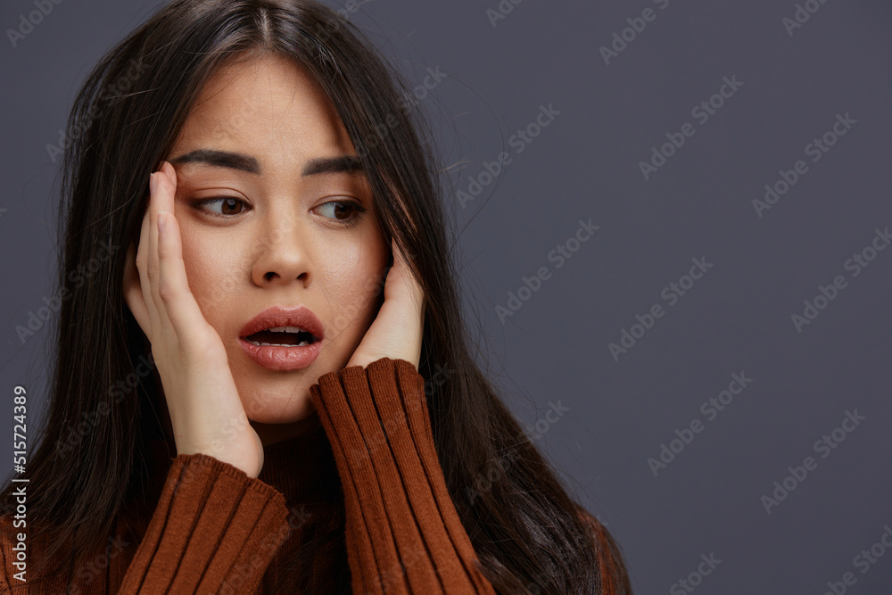 beautiful woman hand gestures brown sweater fashion isolated background beautiful woman hand gestures brown sweater fashion isolated background