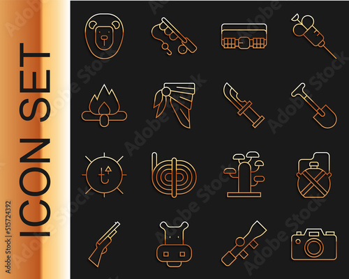 Set line Photo camera, Canteen water bottle, Shovel, Hunting cartridge belt, Bandana or biker scarf, Campfire, Wild lion and Hunter knife icon. Vector