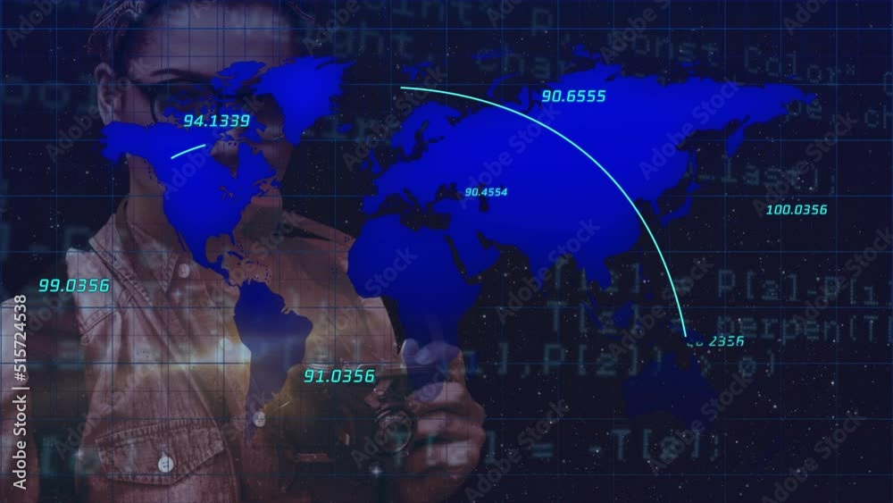 Animation of world map and coordinates over caucasisn woman with camera Animation of world map and coordinates over caucasisn woman with camera