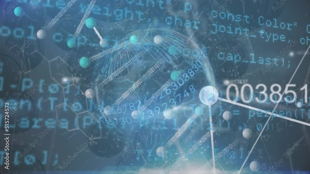 Animation of network of connections with icons and data processing over blue background
