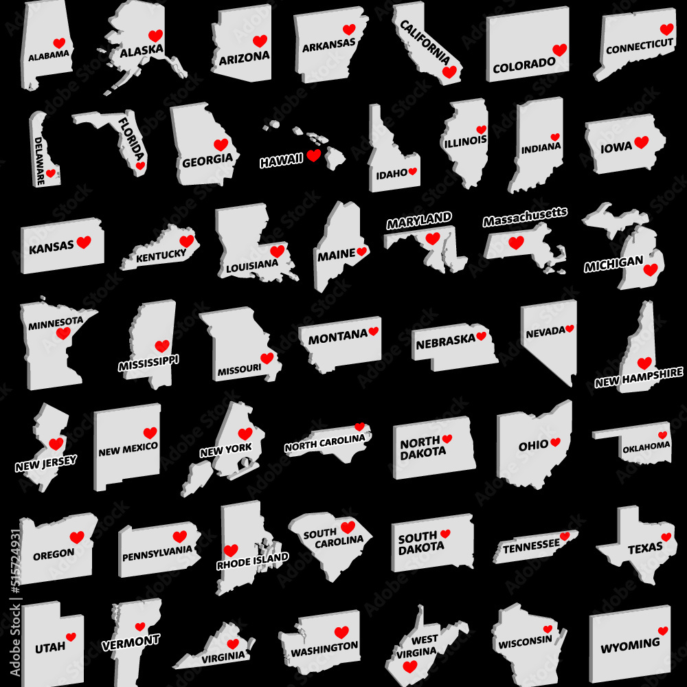 50 State Maps in 3D with Outlined State Names
