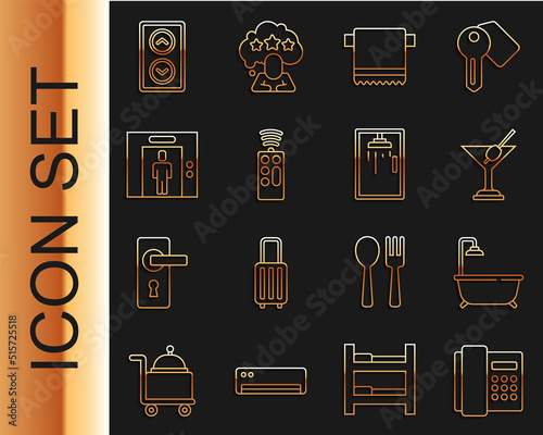 Set line Telephone handset, Bathtub with shower, Martini glass, Towel hanger, Remote control, Lift, and Shower cabin icon. Vector