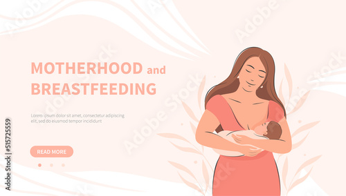 Banner about breastfeeding and motherhood. Woman and baby. Vector illustration.
