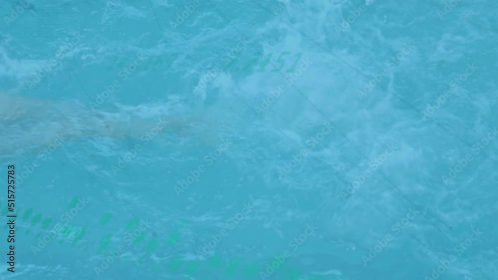 Animation of network of connections over caucasian woman swimming in pool