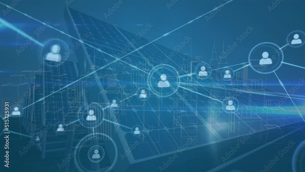 Animation of network of connections and digital cityscape over solar panels Animation of network of connections and digital cityscape over solar panels
