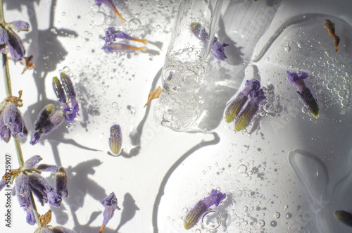 Transparent cosmetic gel with lavender flowers in a Petri dish. Close-up - the structure of the lavender gel. Laboratory research and development of cosmetics for body care