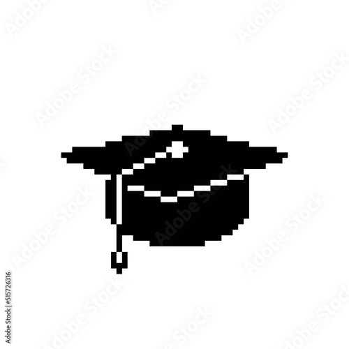 Graduation hat - black vector icon. Pixel art. 8 bit logo. eps10