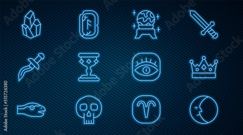 Set line Moon, King crown, Magic ball, Medieval goblet, Dagger, stone, Masons and runes icon. Vector