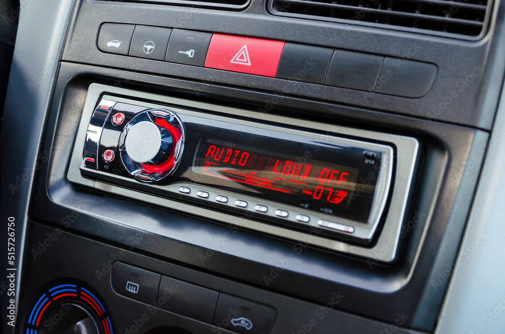 Car audio player. Closeup view