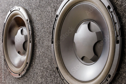 Subwoofer box for car with two subwoofer speakers. Close up