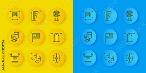 Set line Decree, parchment, scroll, Ancient chariot, Greece national flag, Greek shield, column, Minotaur labyrinth and Harp icon. Vector