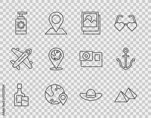 Set line Whiskey bottle and glass, Egypt pyramids, Photo, Location on the globe, Sunscreen spray, Elegant women hat and Anchor icon. Vector