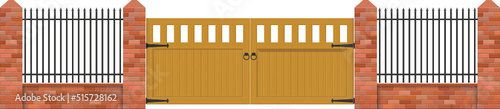 Brick fence with wooden gate vector illustration 