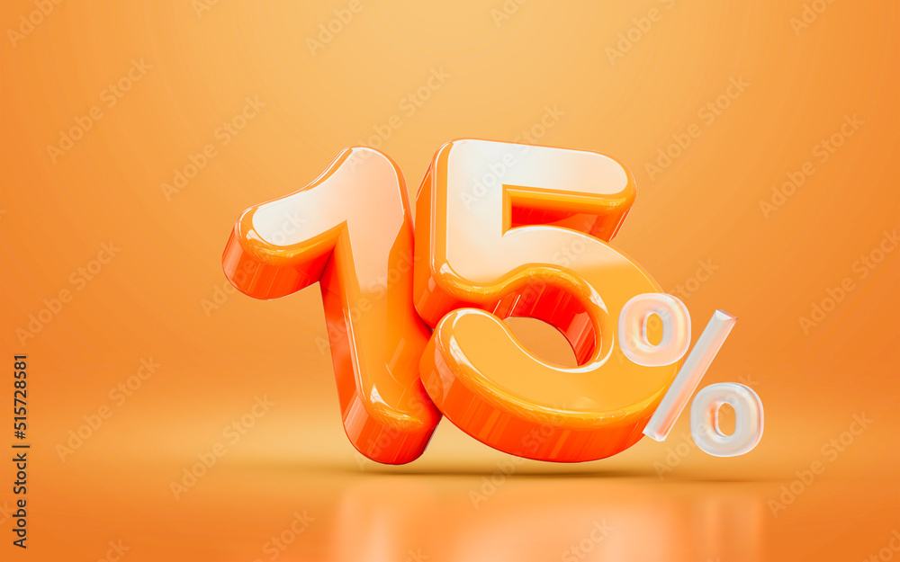 orange realistic glossy 15 percentage number symbol 3d render concept seasonal shopping discount - obrazy, fototapety, plakaty 