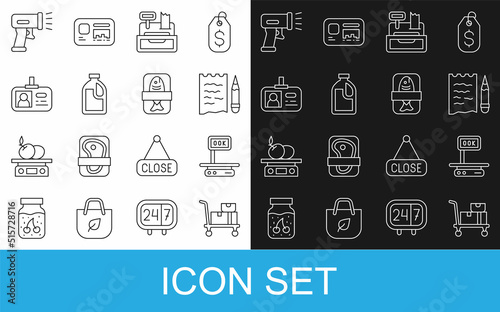 Set line Hand truck and boxes, Shopping list pencil, Cash register machine, Bottle for cleaning agent, Identification badge, Scanner scanning bar code and Fish plastic tray container icon. Vector