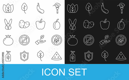Set line Watermelon, Gluten free grain, Plum fruit, Eggplant, Potato, Animal cruelty, Leaf or leaves and Apple icon. Vector