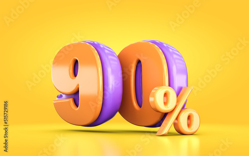 3d render orange and purple 90 percent number of promotional sale discount on yellow background photo