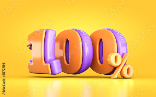 3d render orange and purple 100 percent number of promotional sale discount on yellow background photo