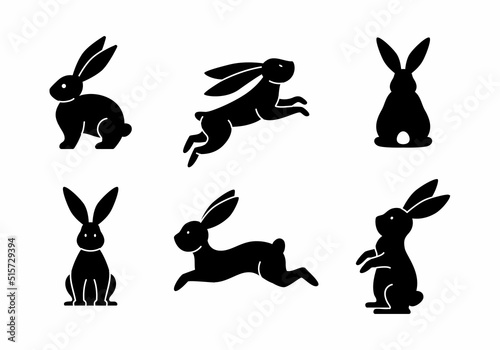 Black silhouettes of rabbits and hares on a white background. Different shapes of bunnies. Rabbit silhouette.