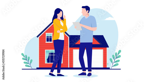 Man and woman buying house - Couple standing in front of home, flat design vector illustration on white background