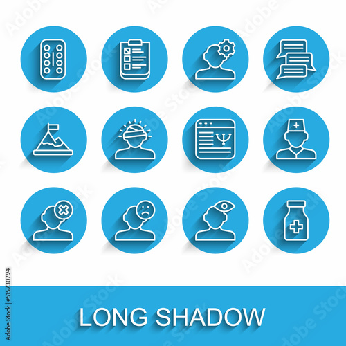Set line Solution problem in psychology, Sad and depressed man, bad mood, Sedative pills, Concussion, headache, Male doctor and Online psychological counseling icon. Vector