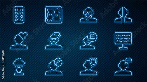 Set line Online psychological counseling, Encephalogram, Tear cry eye, Concussion, headache, Broken heart or divorce, Sedative pills, Male doctor and Solution problem psychology icon. Vector