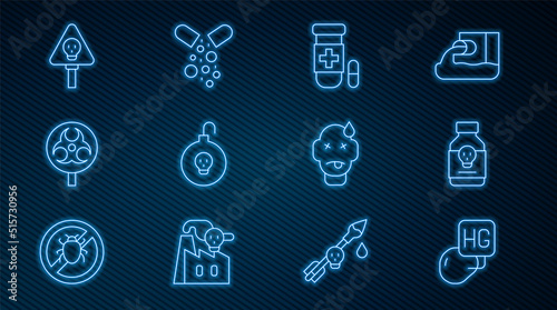 Set line Drop of mercury, Poisoned pill, Antidote, Nuclear bomb, Biohazard symbol, Bones and skull, Man poisoning and icon. Vector