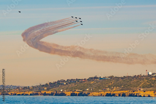 A Blue Angels flyover for returning ships in San Diego Harbor, California.