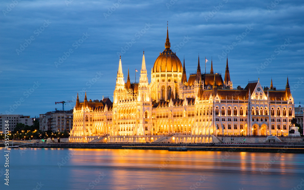 hungary  Budapest  twilight at Danube River with lit up Hungarian Parliament building