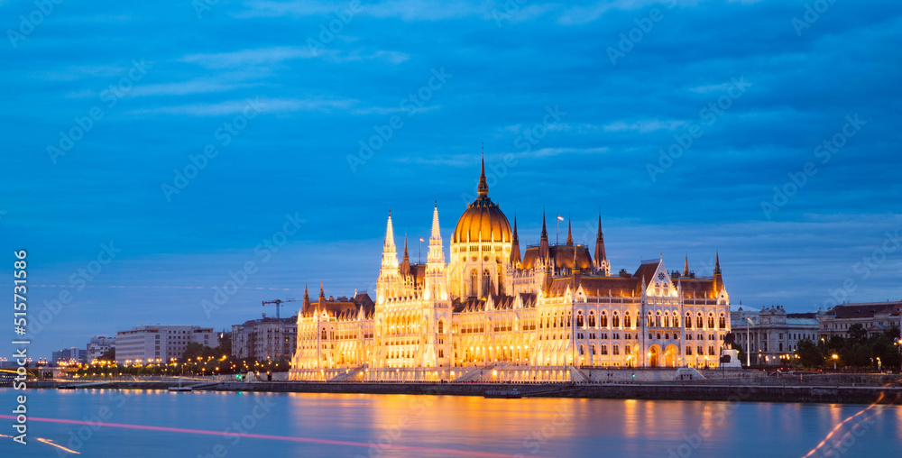 hungary  Budapest  twilight at Danube River with lit up Hungarian Parliament building