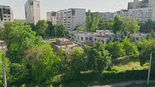 War city house riun destruction ukraine kharkiv conflict street danger aerial photo