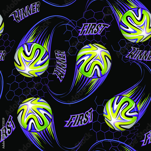 Abstract seamless soccer ball pattern with text First winner on black background. Footbal repeat print. Endless sport ornament.