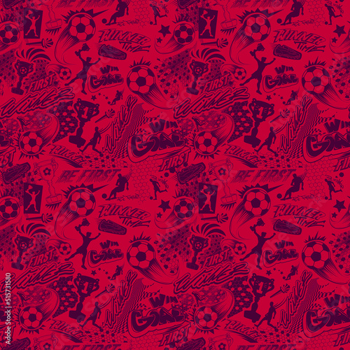 Red monochrome Football seamless pattern. Abstract repeat sport print. Soccer ball, football player, win cup endless ornament with graffiti words drawing in street art style.