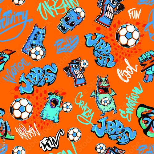 Seamless pattern with monsters playing in football. Soccer ball and cartoon monster character on orange background.