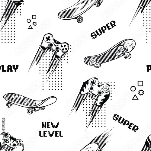 Abstract seamless pattern with hand drawn gamepads and skateboard. Black and white repeat print for fashion textile, sport clothes. Grunge teenagers ornament