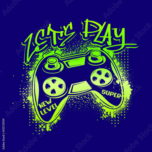Gamepad t shirt design with grunge elements and lettering phrase Lets play, new level, super. Neon Gaming illustration