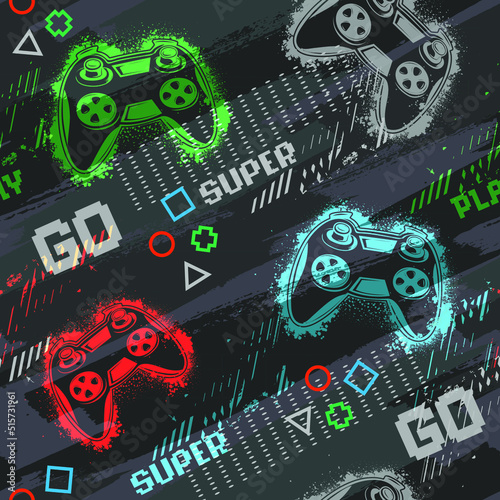 Abstract seamless pattern with gamepads on endless dark grey Grunge background with digital elements end dots. Grunge gaming repeat print for sport textile, fashion clothes, wrapping paper.
