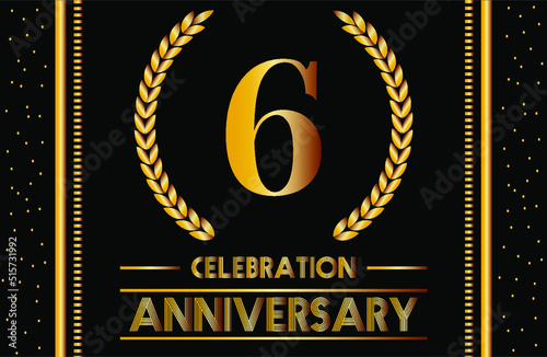 6th anniversary celebration. Vector shiny gold six years and confetti for anniversary date.