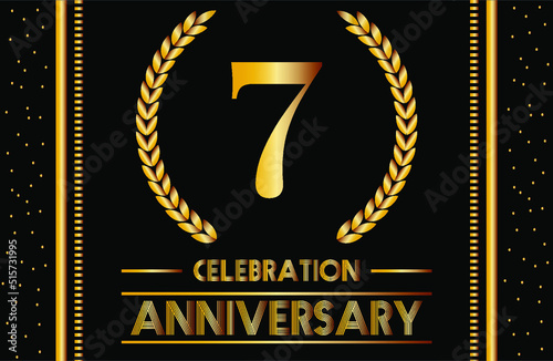 7th anniversary celebration. Vector shiny gold seven years and confetti for anniversary date.